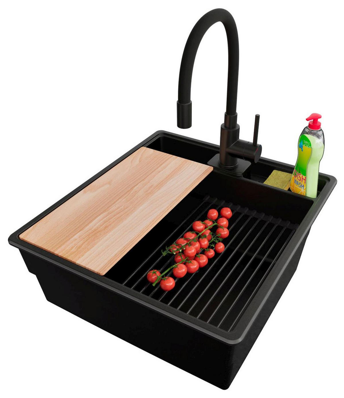 GRANITSPÜLE New York, 2-er set Alles Schwarz 48/53 cm 1 Becken + Küchenarmatur 40/38 cm + Ablauf-Set + Küchenzubehörset ab 50er Unterschrank - Beige/Schwarz, Kunststoff (48/20/53cm) - Primagran