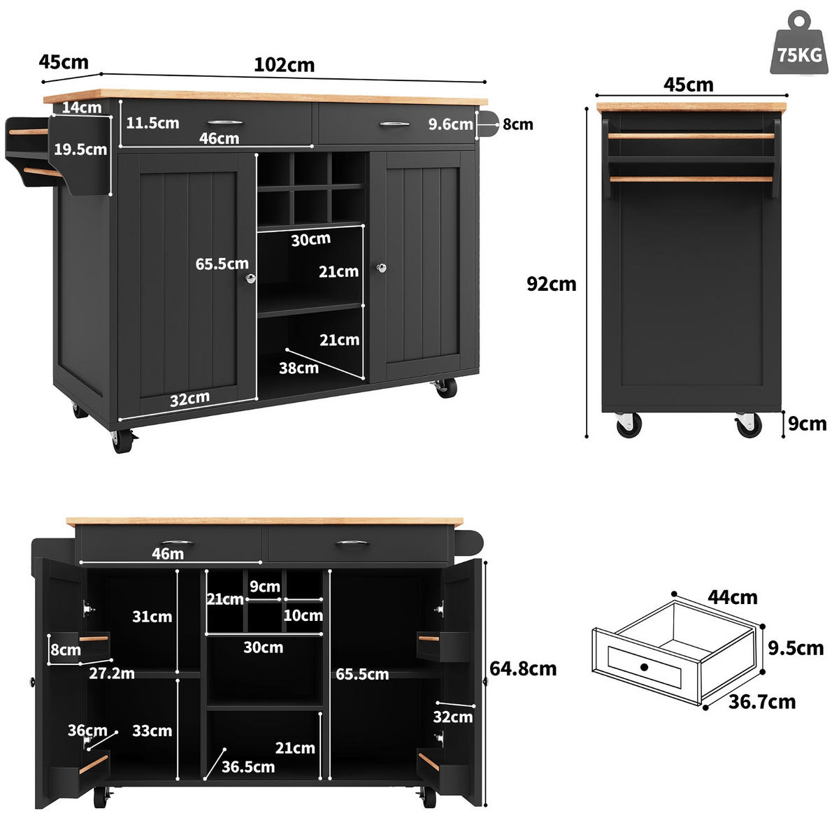 KÜCHENINSEL, Servierwagen mit Holzmaserung, MIT WEINREGAL UND ROLLEN, für Esszimmer, 102/45/92 cm - Schwarz, Holzwerkstoff (45/92/102cm) - Rolipo