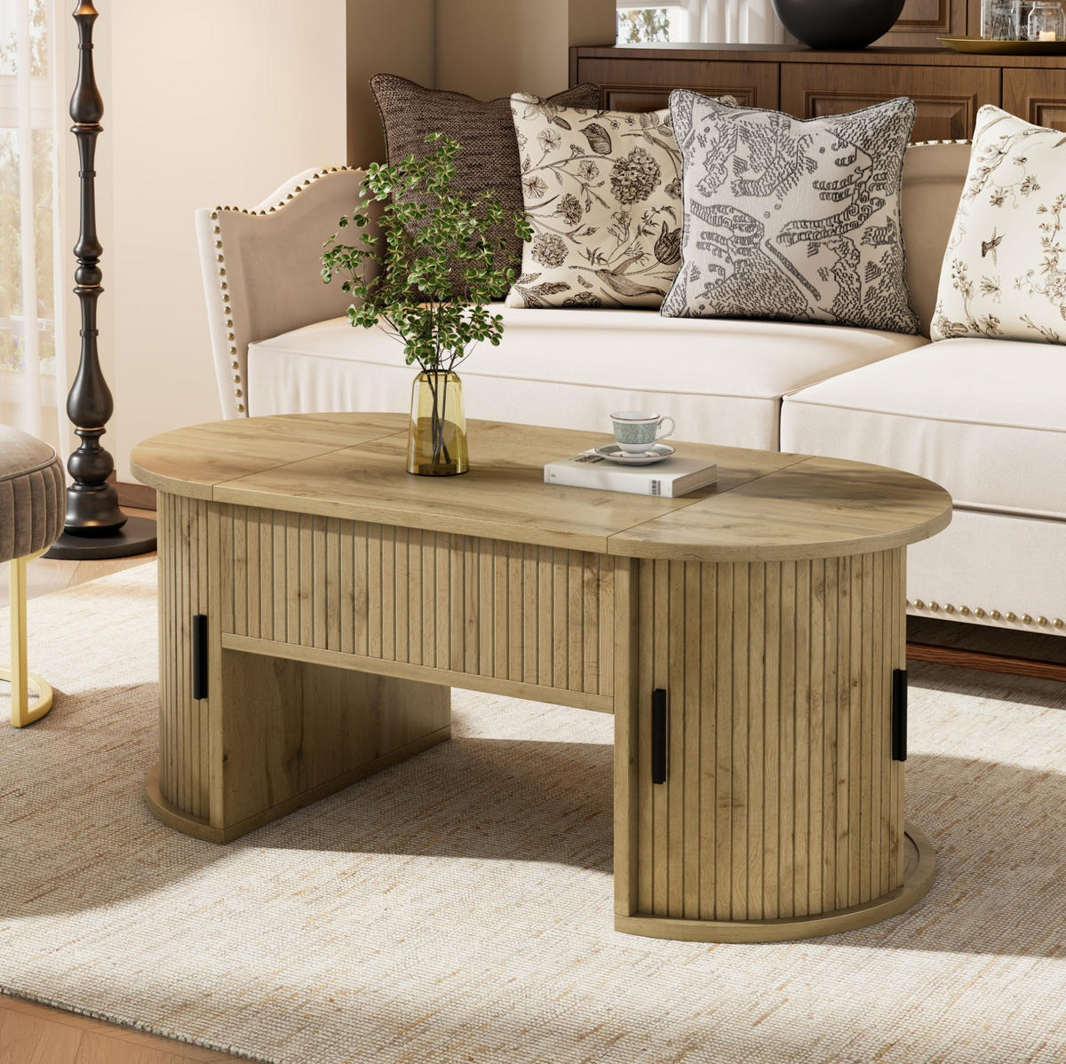 COUCHTISCH 100/50/40,5 cm höhenverstellbar mit Schiebetüren und Stauraum - Eichefarben, Holzwerkstoff (100/50/40.5cm) - Flora Grace