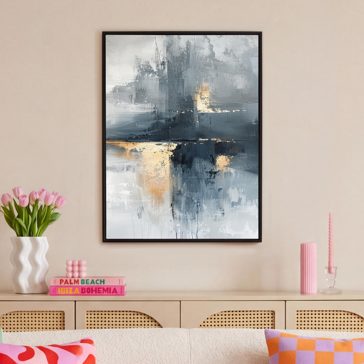 LEINWAND Bilder mit Rahmen - Kunst - Grau - Gold - Abstrakt - 70x100 - Dunkelgrau, Textil (70/100cm) - MuchoWow