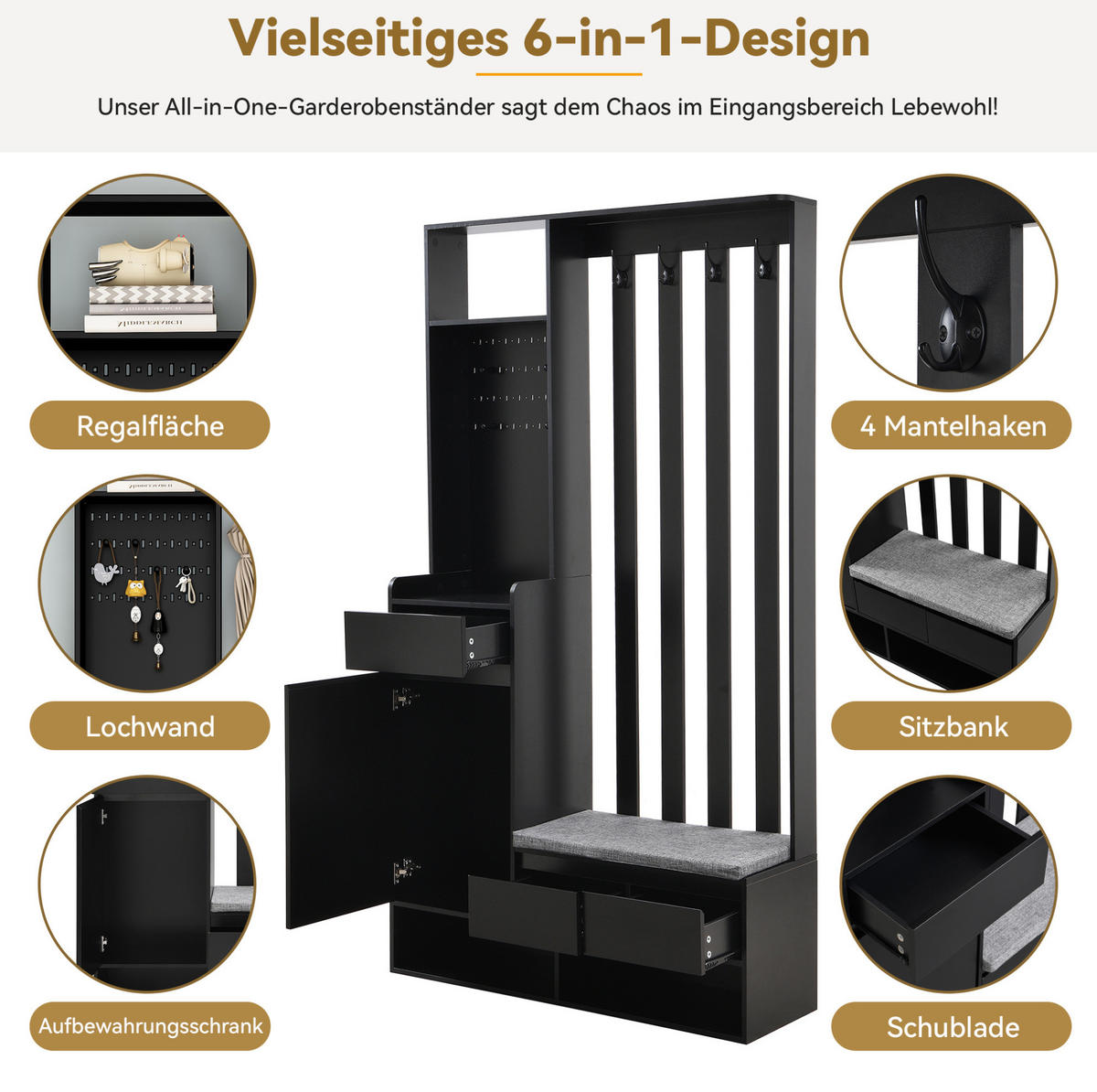 FLURGARDEROBE 100/35/180 cm aus MDF mit Sitzbank und Stecktafel Schwarz - Schwarz, Holzwerkstoff (100/180/35cm) - Modenvie