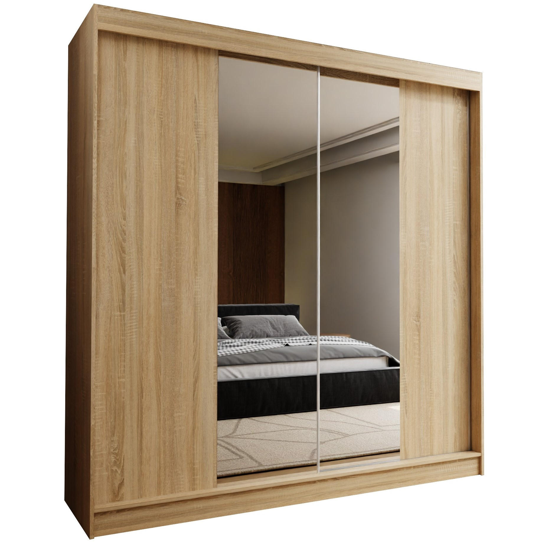 SCHWEBETÜRENSCHRANK LUCENZA 200/216/61 cm 2-türig mit Spiegel Sonoma Eiche - Sonoma Eiche, Holzwerkstoff (200/216/61cm) - MASSENO