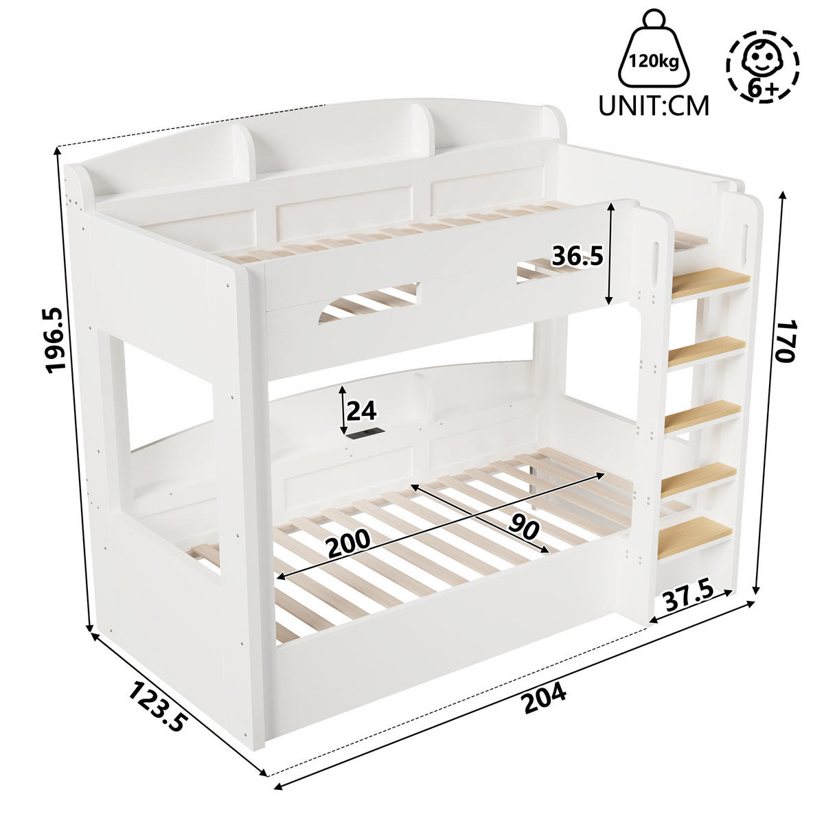 ETAGENBETT 90/200 cm in Weiß mit USB-Steckdose und Ablagefächern - Weiß, Holz (90/200cm) - Flora Grace