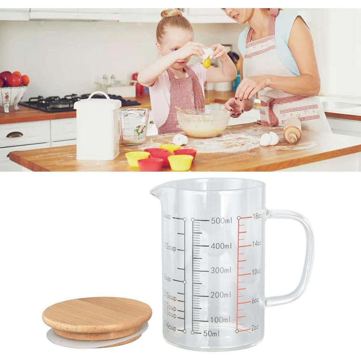 MESSBECHER Glas 500 ml mit Bambusdeckel - Transparent, Glas (0.5L)