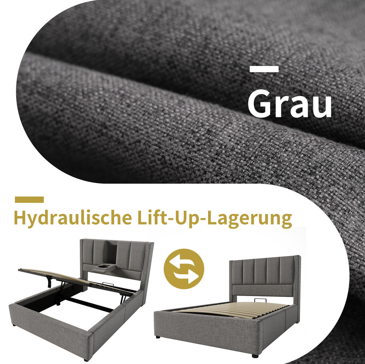POLSTERBETT 90/200 cm mit Bettkasten und Ladestation, gepolstertes Kopfteil, Grau - Grau, Textil (90/200cm) - BEAOK