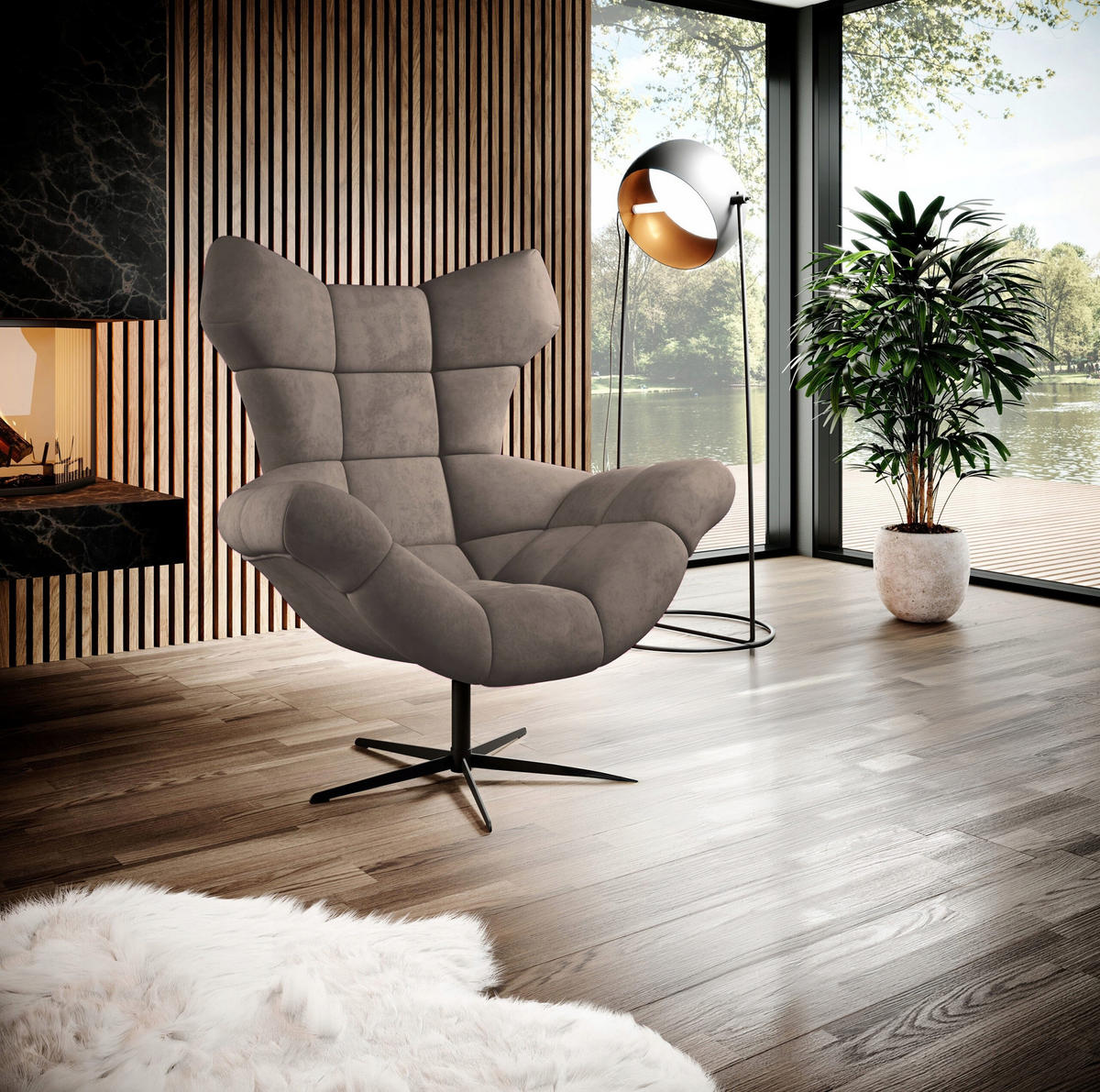 SESSEL SENSI Relaxstuhl mit 360° Drehung und Schwingfunktion – Lux-Schaumkissen, Cappuccino, 104x46x119 cm - Creme/Schwarz, Holz/Textil (104/119/84cm) - DomoHome