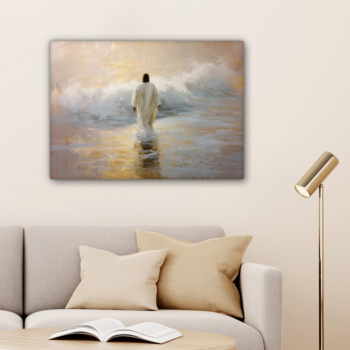 LEINWANDBILD Gemälde - Welle - Jesus - Abstrakt Wandbilder 80x60 cm - Goldfarben, Textil (80/60cm) - MuchoWow