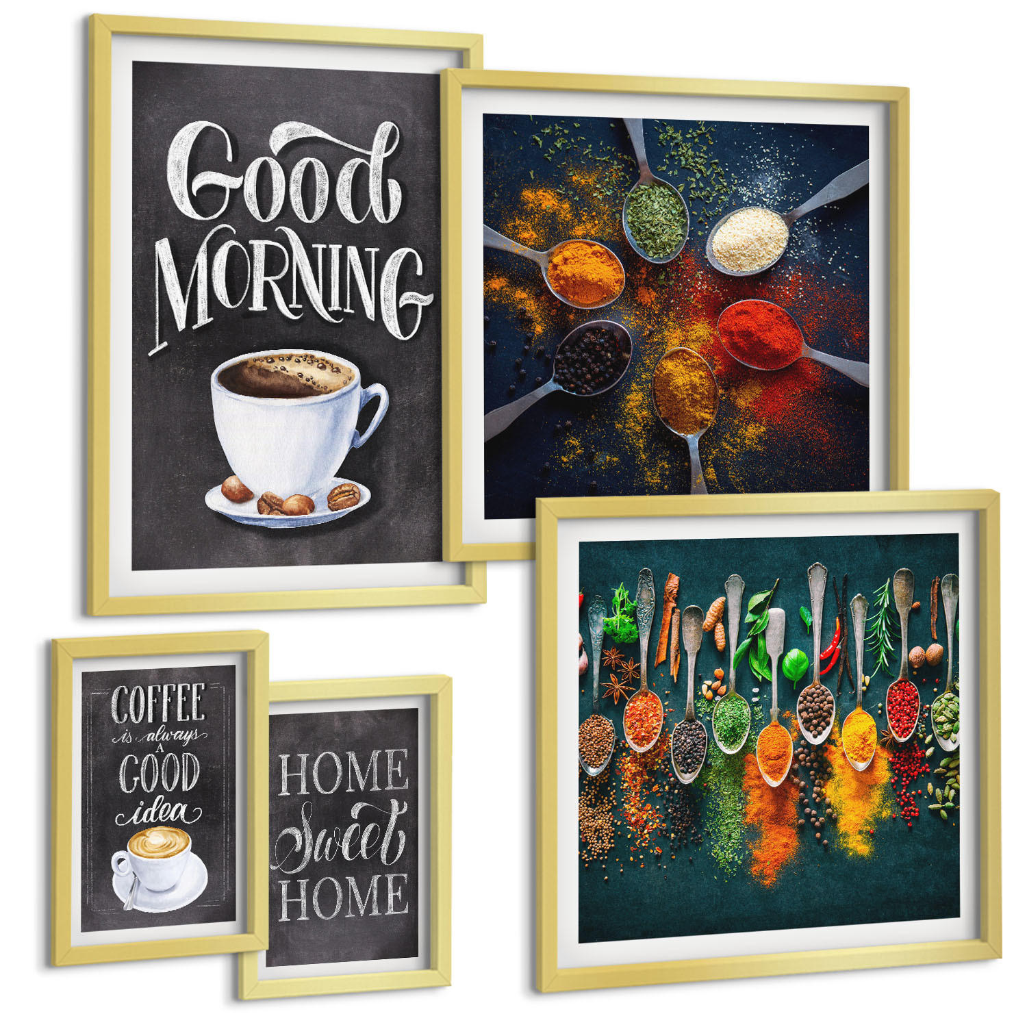BILDER SET 5er Set - 50x50 cm & 20x30 cm & 40x60 cm Goldrahmen - Gewürze, Kaffee, Tasse, Kräuter - Goldfarben, Kunststoff (40/60cm) - TULUP