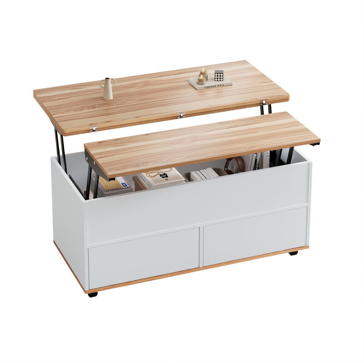 COUCHTISCH 100/98/65 cm höhenverstellbar mit hydraulischen Tischplatten, Stauraum und Rollen, Spanplatte, Weiß/Naturholz - Weiß, Holzwerkstoff (100/98/65cm) - Redom