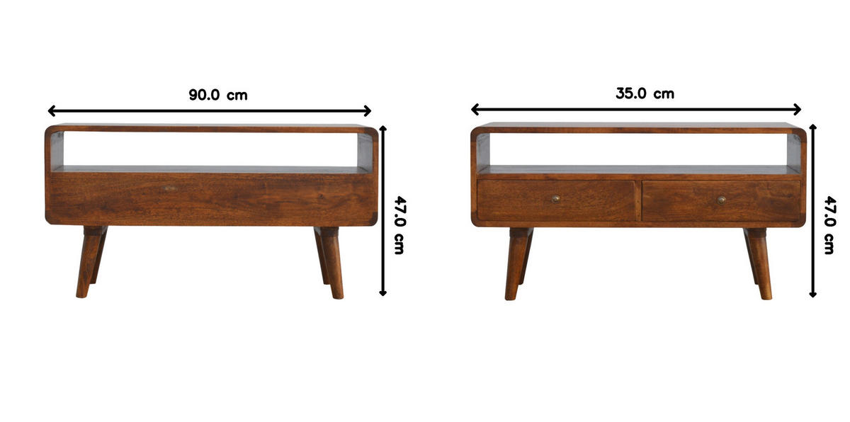 MEDIENUNIT Massives Mangoholz Gewölbte, Kastanienholz-Finish, mit 2 Schubladen - Messingfarben/Braun, Holz/Metall (90/47/35cm) - Artisan Furniture
