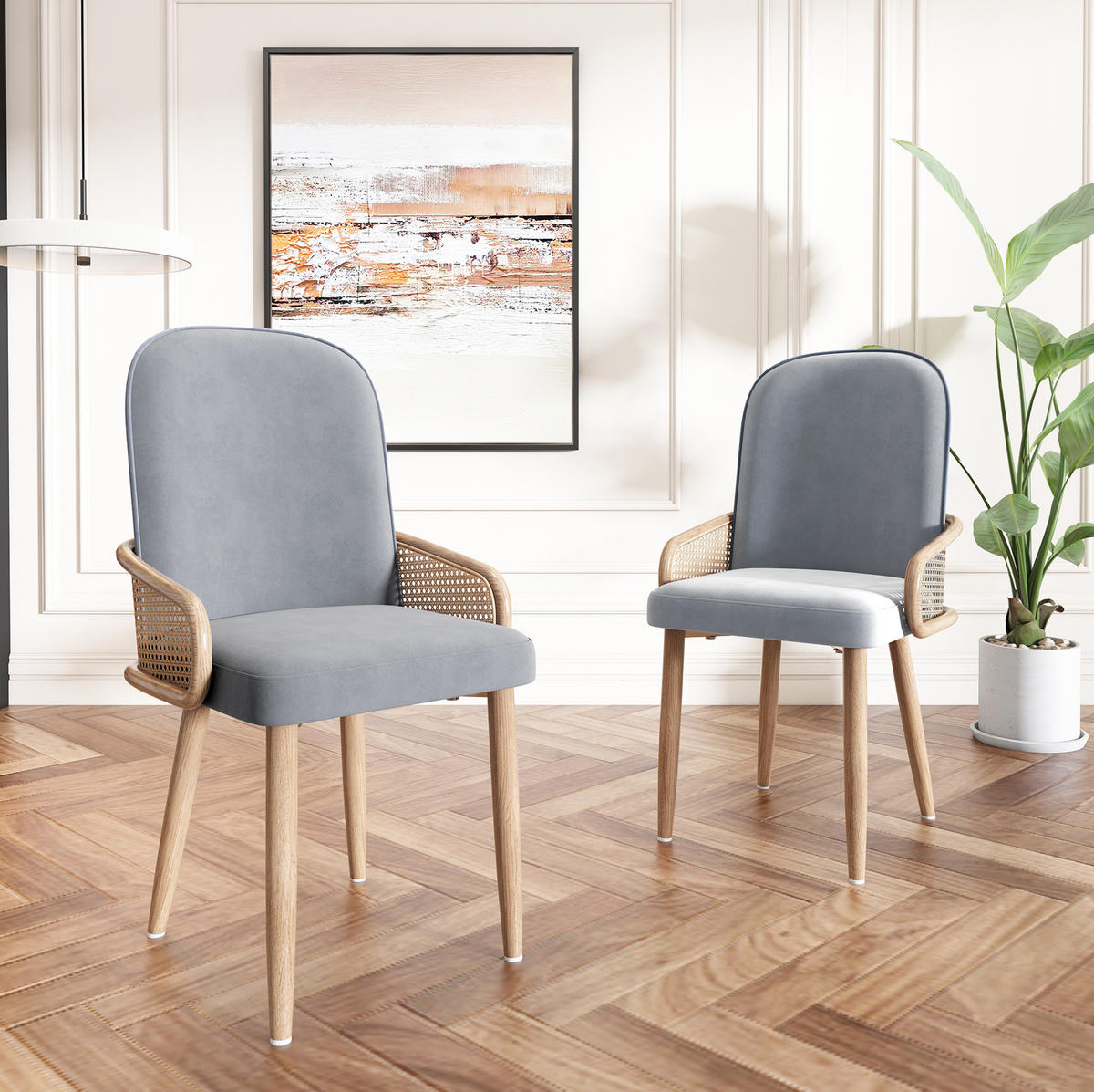 ESSZIMMERSTUHL 6er-Set Samt mit Rattan-Design Grau - Grau, Holz (43/90/41cm) - Meubliv