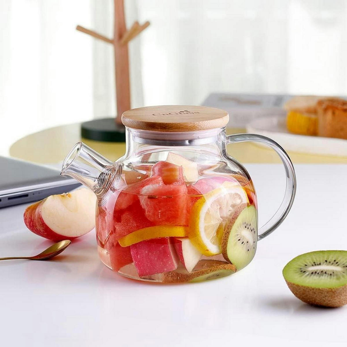 TEEKANNE Glas mit Siebeinsatz 600ml Herdplattensicher Bambusdeckel - Transparent, Glas (12.9/10.9cm)