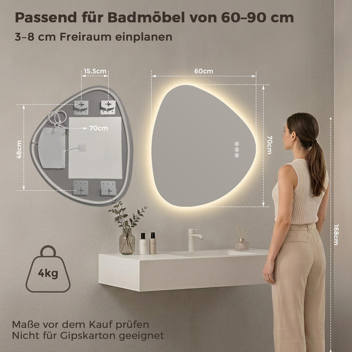 BADEZIMMERSPIEGEL mit Beleuchtung 70/60 cm asymmetrisch rahmenlos LED dimmbar mit Antibeschlag - Transparent, Glas (70/60/2.5cm) - S'AFIELINA