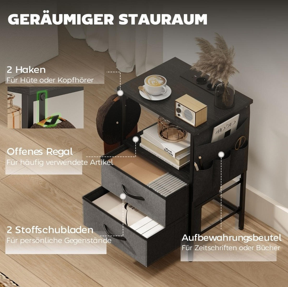 BEISTELLTISCH 40/30/60 cm in Schwarz mit Schubladen und USB- und Type-C-Anschlüssen - Schwarz, Holz (40/30/60cm) - Flora Grace