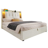 POLSTERBETT 90 × 200 cm mit Leinenbezug, Klapp-Staufach, beidseitiger LED-Leiste und USB/Typ-C Ladeanschluss, beige - Beige, Textil (90/200cm) - Luhomfu