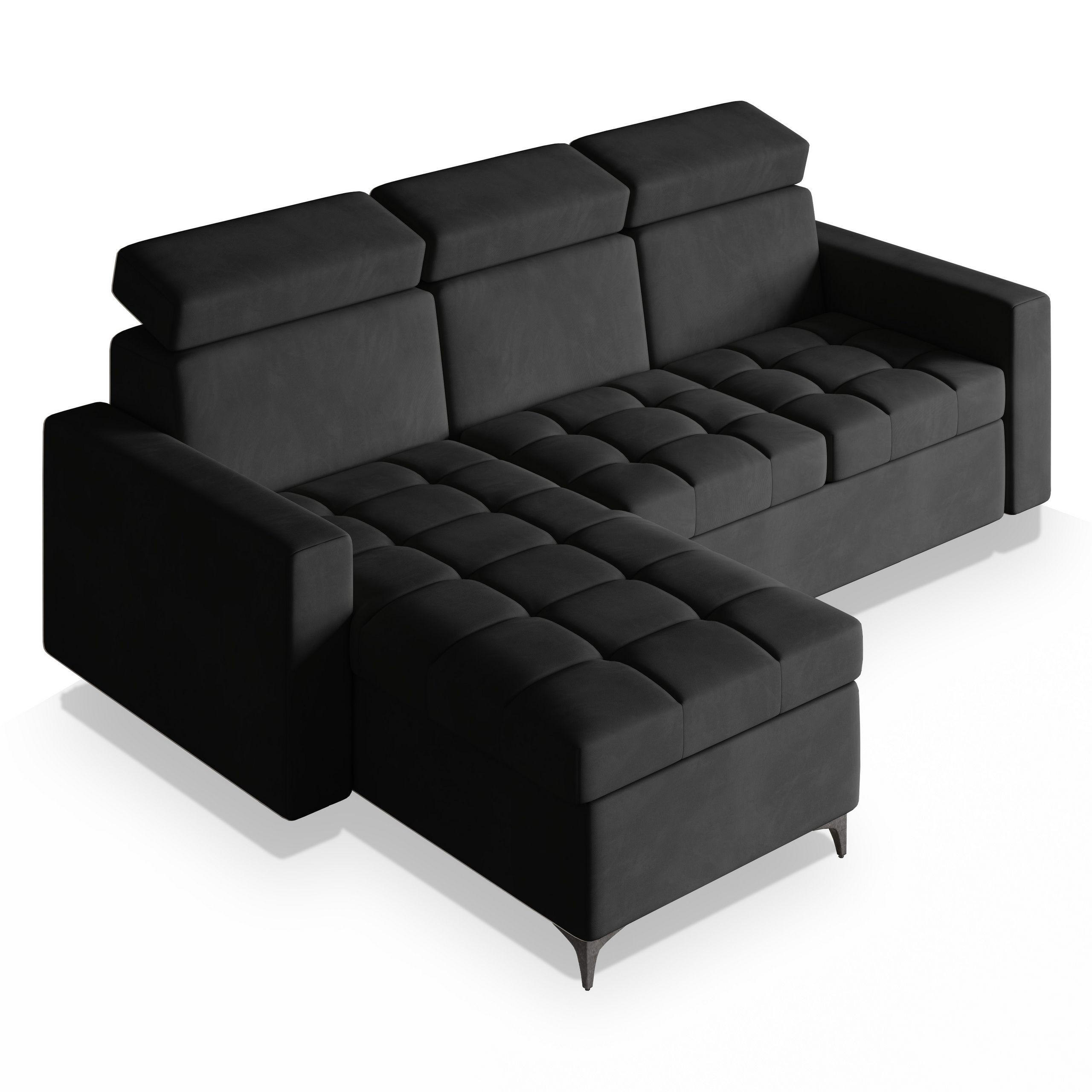 ECKSOFA KAME Schwarz Plüsch-Stoff mit Schlaffunktion - Schwarz, Holz (227/168cm) - MASSENO