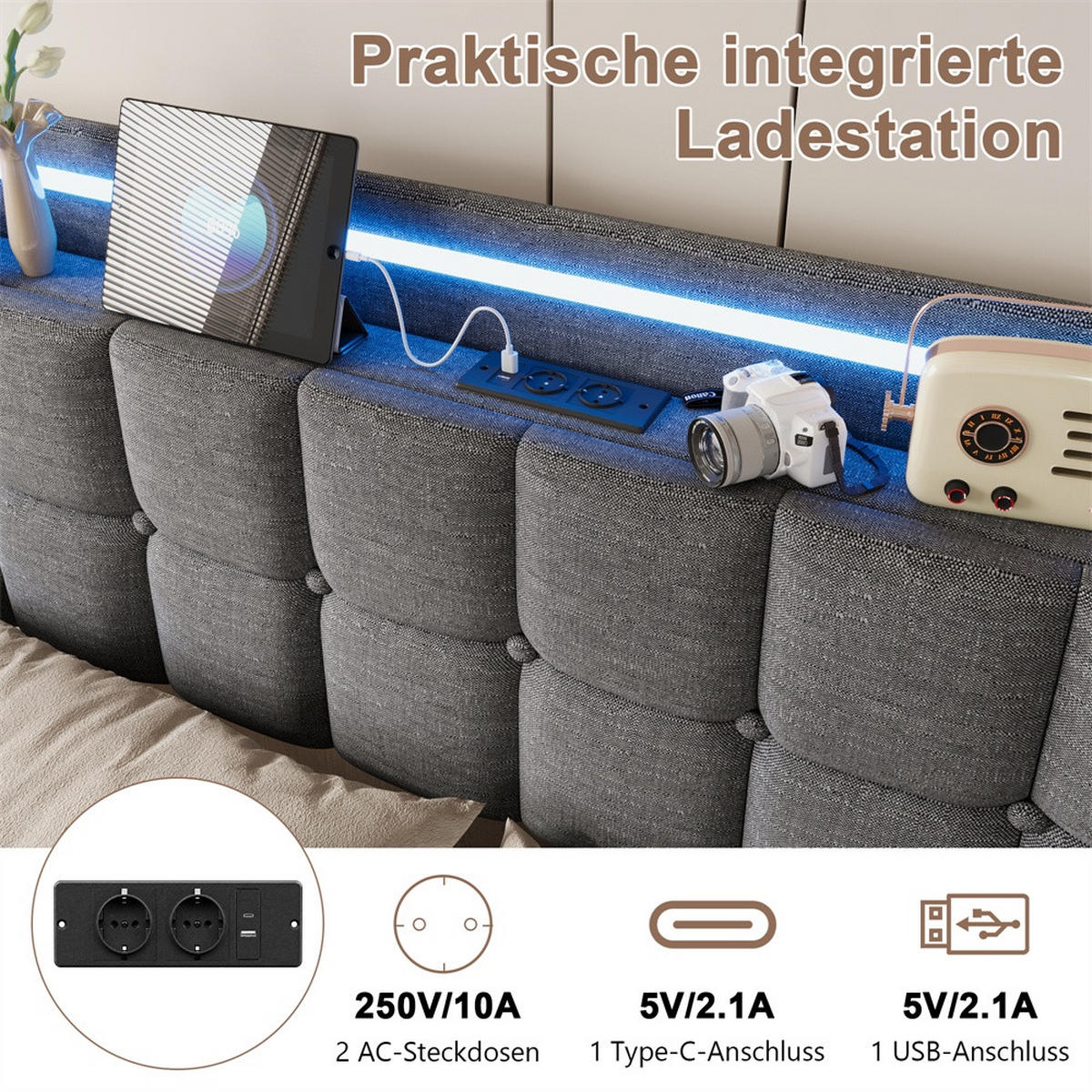 POLSTERBETT 160x200 cm Square Smart mit RGB-LED, EU-Steckdosen & USB-Ports, 4 Schubladen, Leinen-Optik, Dunkelgrau - Grau, Textil (160/200cm) - DELFA