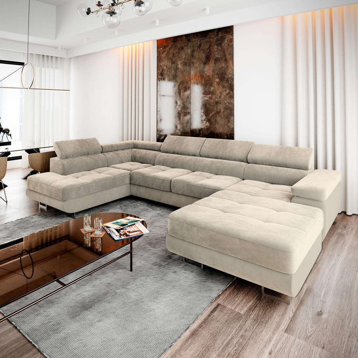 WOHNLANDSCHAFT CASONE L-S Creme Velours-Stoff mit Schlaffunktion - Creme, Holz (345/90/202cm) - MASSENO