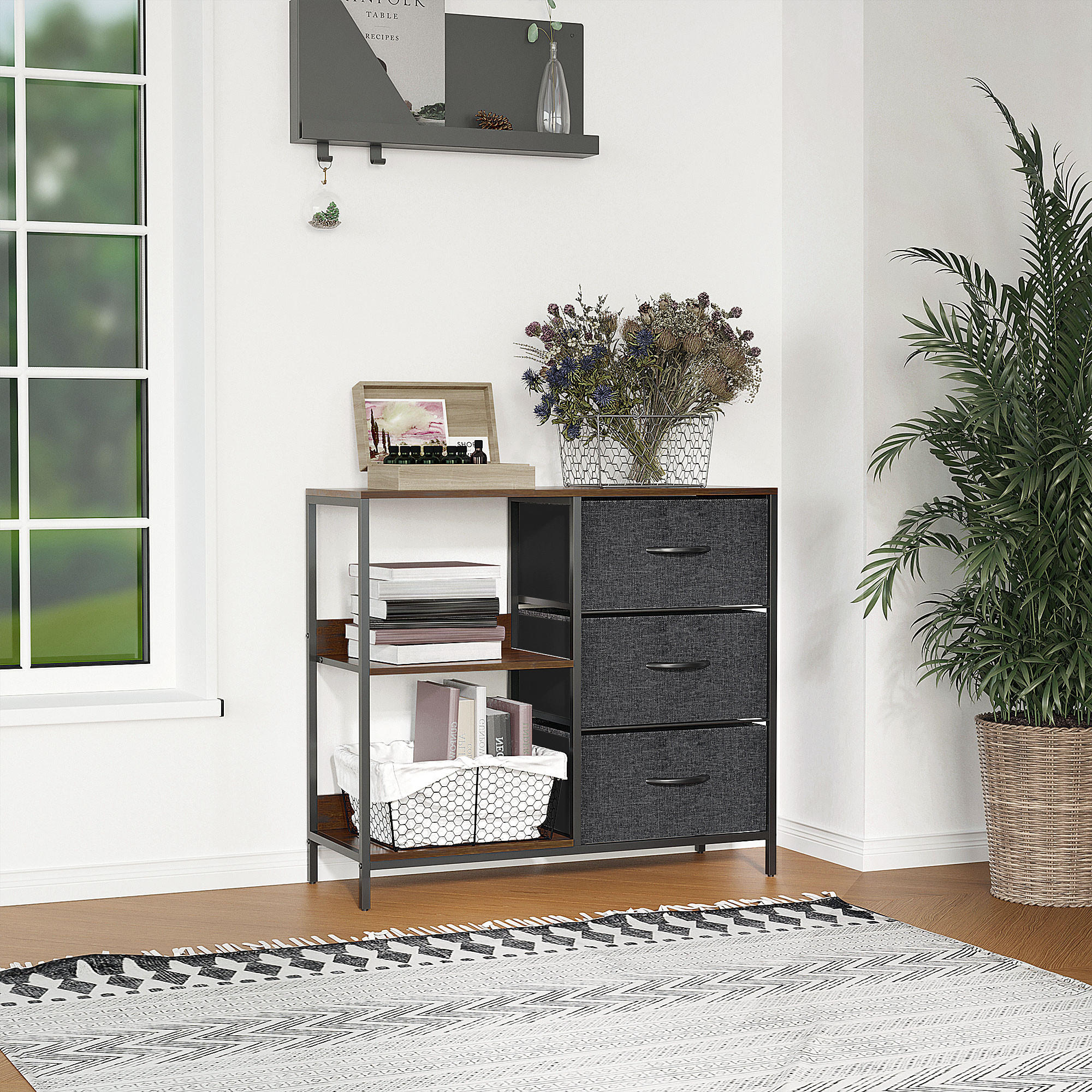 AUFBEWAHRUNGS-KOMMODE, 3 Stoffschubladen, Regale, Metallrahmen, Braun+Grau - Braun, Textil (80/71/29cm) - furnicato