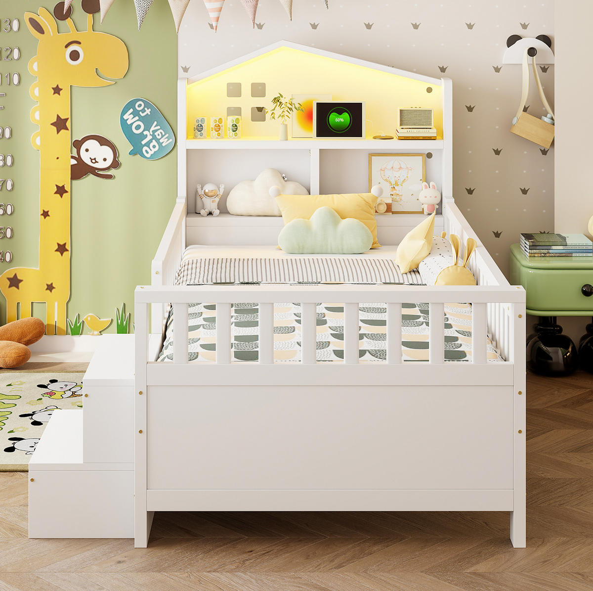 KINDERBETT aus Massivholz 90x200 cm Weiß mit Dachform, 4 Schubladen, Leiterstufen, LED und Ladeanschlüssen - Weiß, Holz (90/200cm) - Modfu
