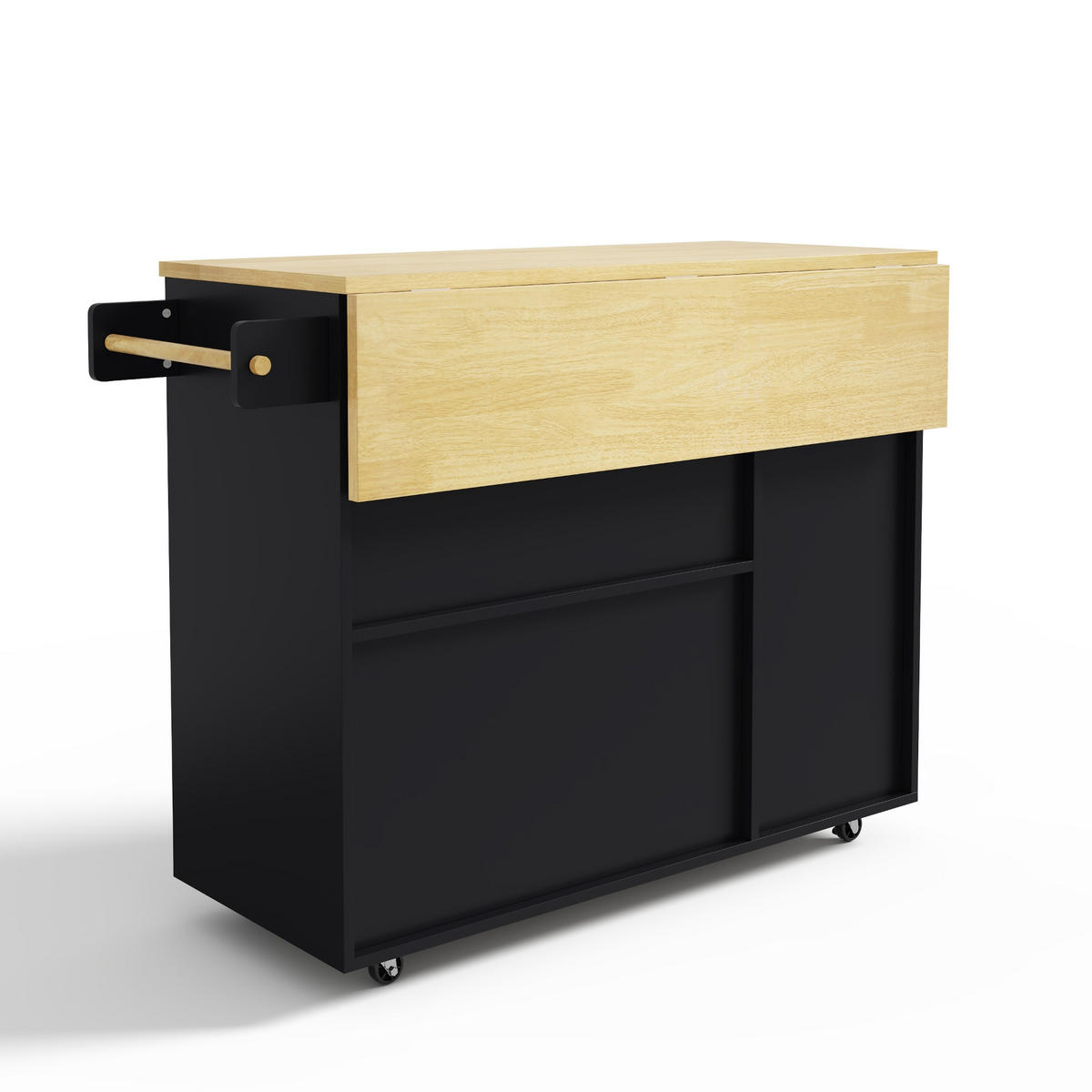 KÜCHENINSEL 104/45/89 cm Natur + Schwarz mit klappbarer Arbeitsplatte, 2 Schubladen und integriertem Weinregal - Schwarz, Holz/Holzwerkstoff (69/89/104cm) - Oxeza