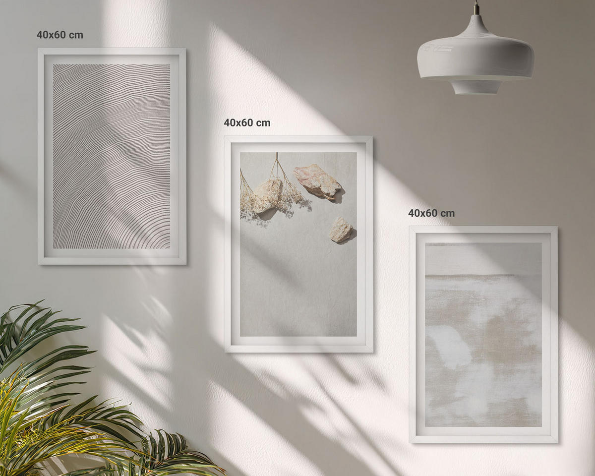 WANDBILDER 3er-Set - 40x60 cm Weißer Rahmen - Boho-Textur aus Sandsteinen - Weiß, Kunststoff (40/60cm) - ArtPrintCave