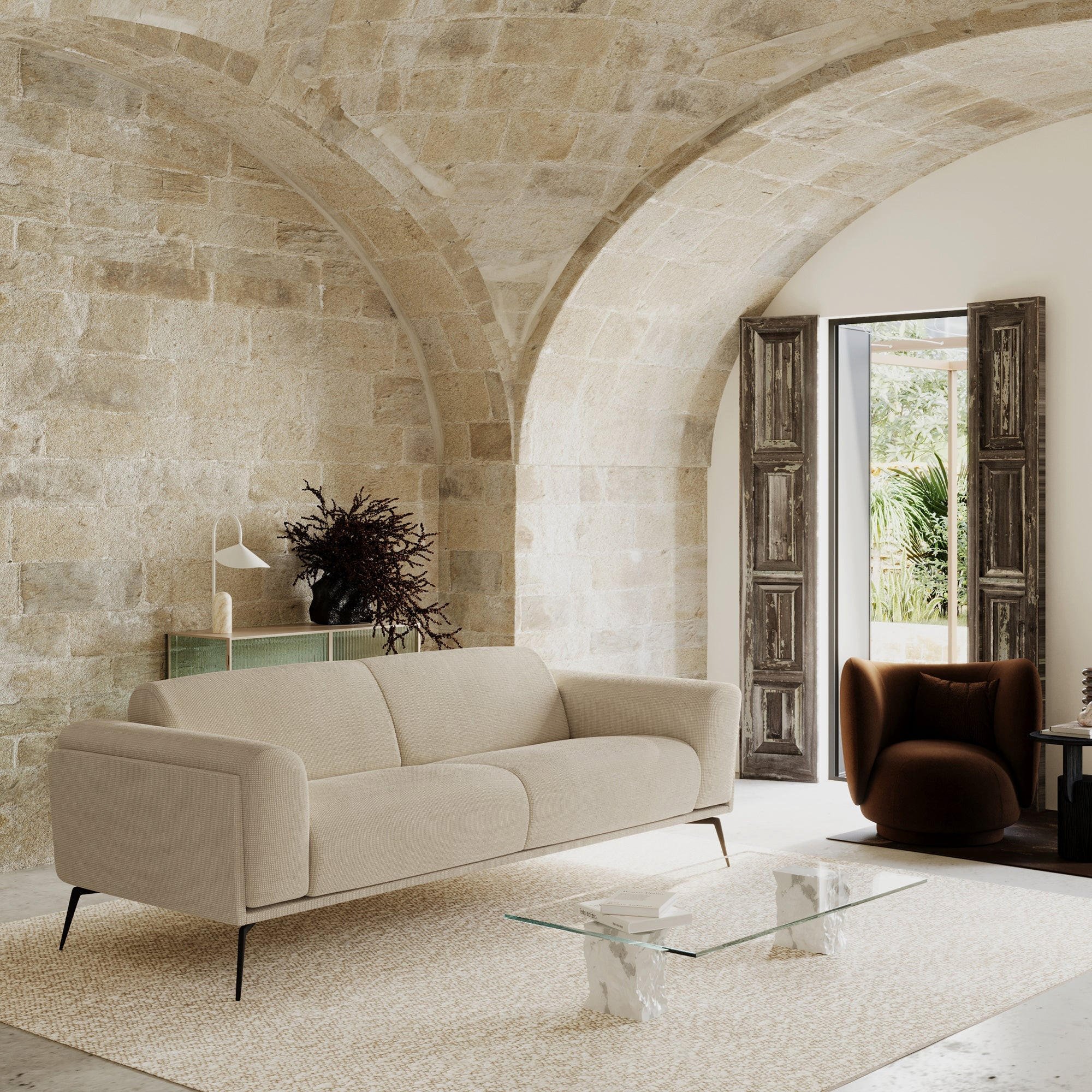 SOFA 3-SITZER Rastergewebe Beige 220cm - Beige, Textil (220/74/90cm) - Sia Home