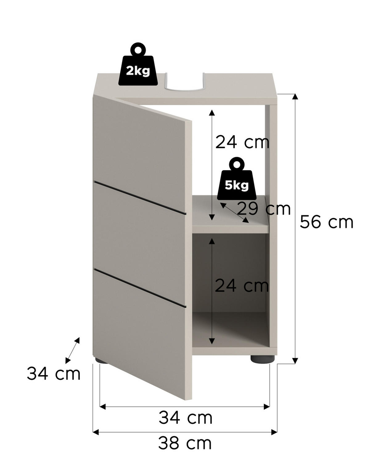 WASCHBECKENUNTERSCHRANK Kaschmir, Badezimmer Unterschrank 38 x 56 cm - Kaschmir/Schwarz, Holzwerkstoff/Kunststoff (38/56/34cm) - Inn.Furn