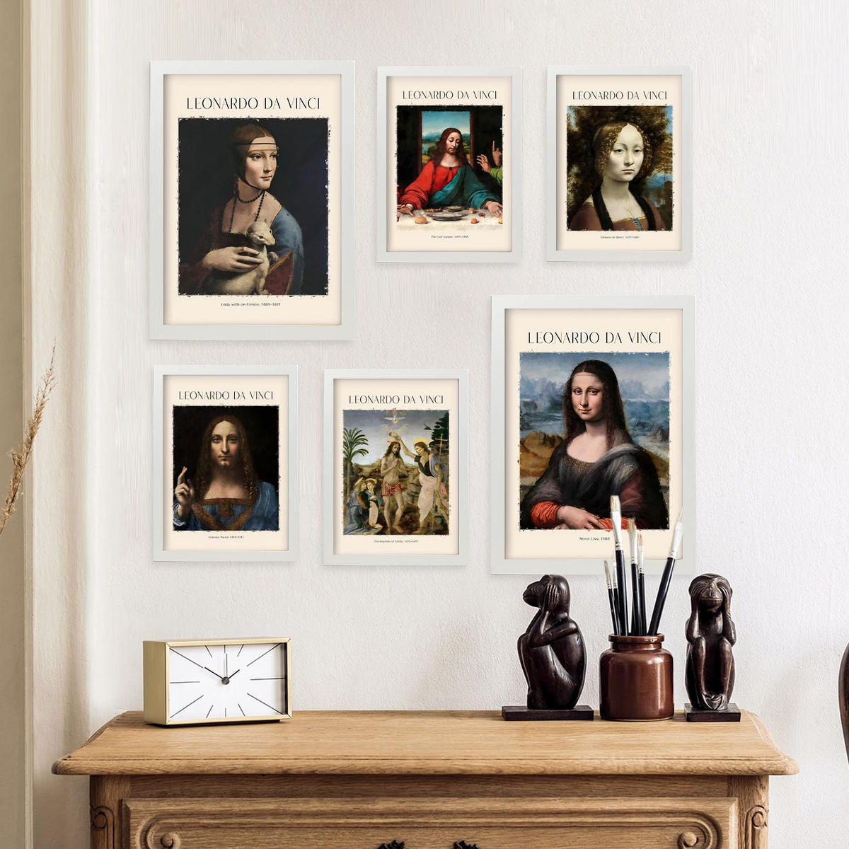 POSTER Set Mit 6 Da Vinci Posterblatt Malergalerie Dekorative Gemälde Für Ihr Wohnzimmer, Schlafzimmer, Zuhause Wandkunstdrucke A3 & A4 Weißer Rahmen - Weiß, Papier (29/3cm) - Nacnic