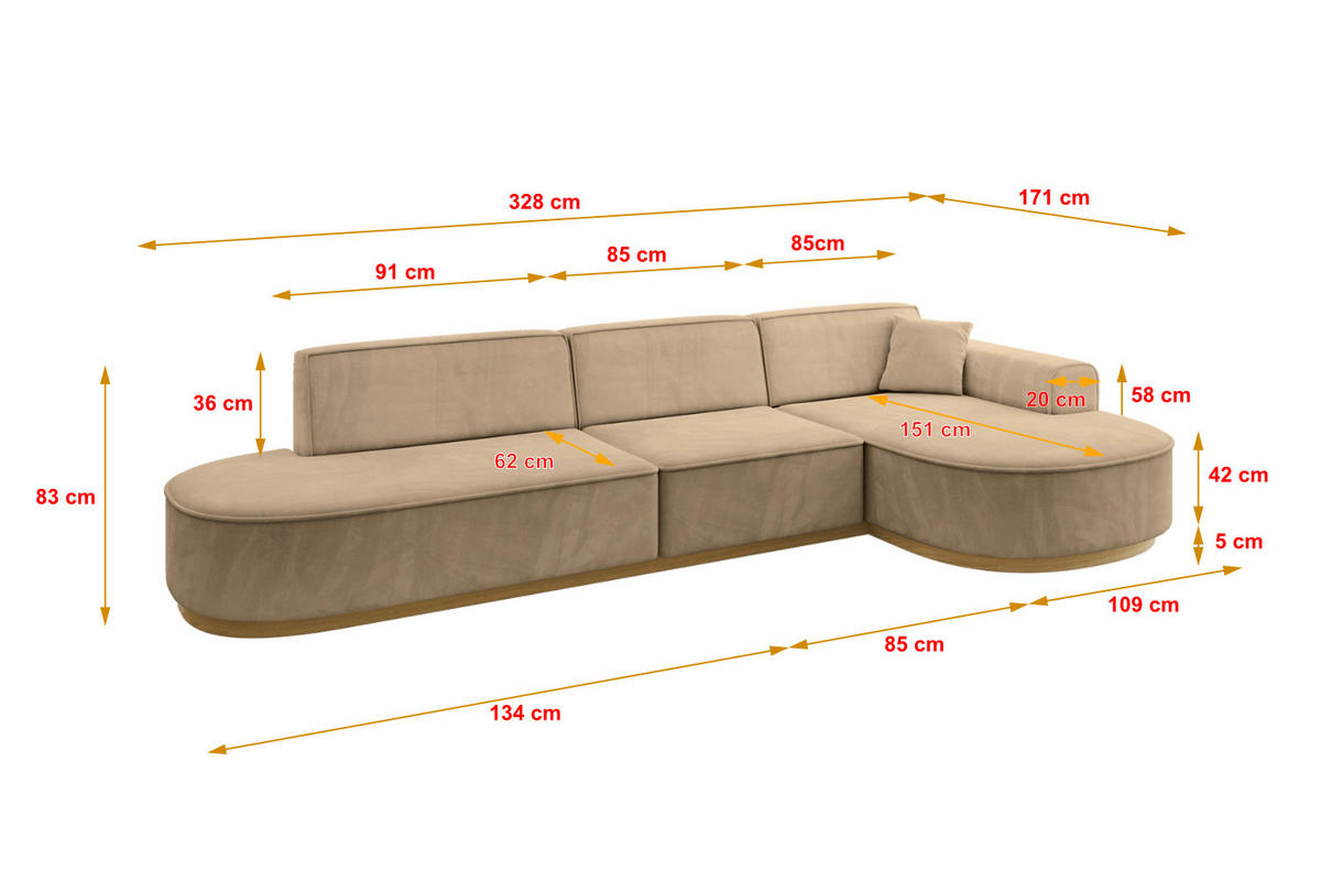 ECKSOFA Ottomane Rechts MARI-L2-v2 - 328x171x83 cm Taupe Velours - Taupe, Holzwerkstoff/Textil (171/328cm) - ALTDECOR