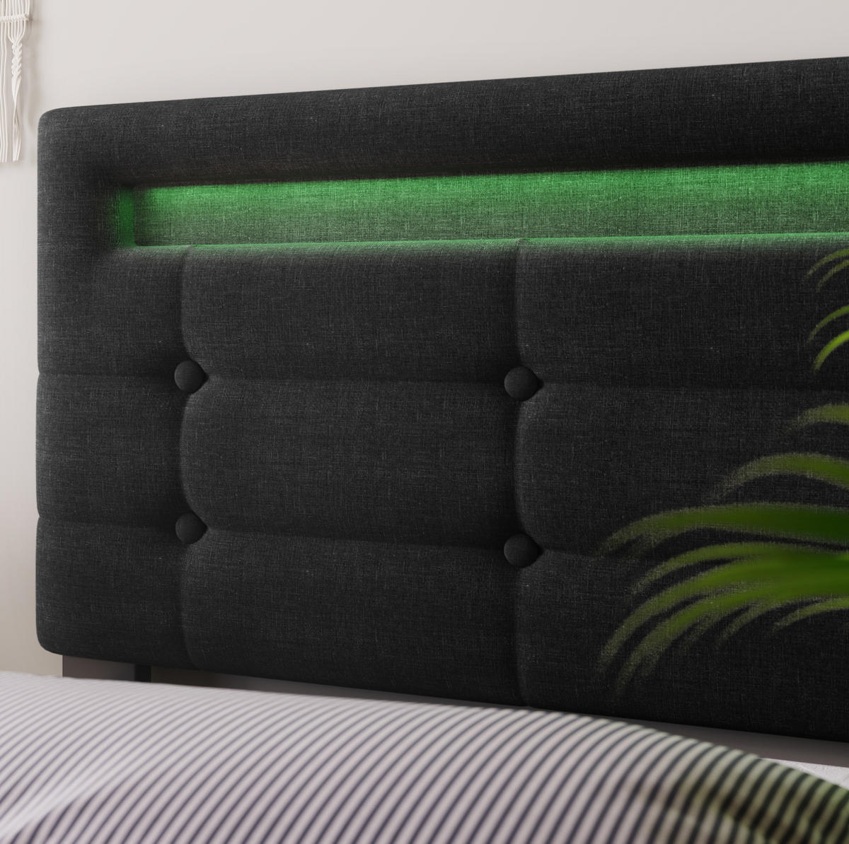 POLSTERBETT 140/200 cm Schwarz aus Leinen mit LED-Beleuchtung und 4 Schubladen - Schwarz, Textil (140/200cm) - OKMYHOME