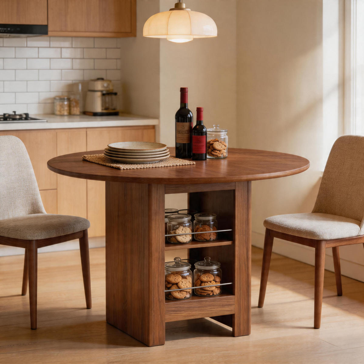 ESSTISCH Nussbaum mit Ablageboden und nussbaumfarbenem Metallgestell 100/100/76 cm - Walnussfarben, Holz (100/100/76cm) - Oxeza