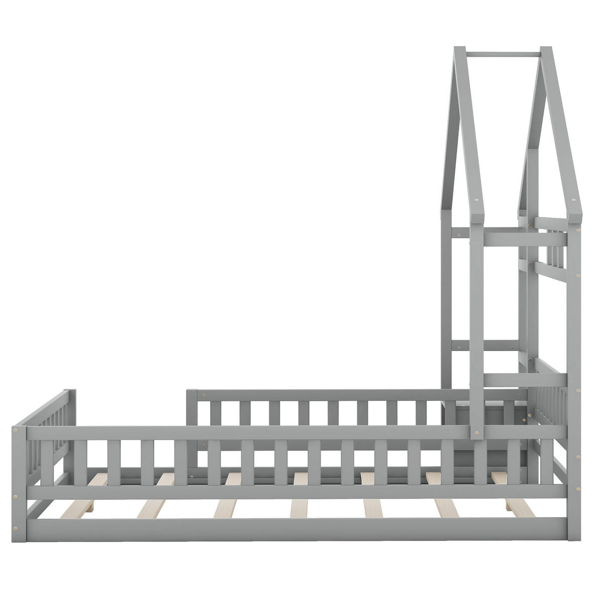 HAUSBETT aus Kiefer und MDF 140x200 cm Grau mit Hausform, Geländer und Nachttisch - Grau, Holzwerkstoff (140/200cm) - Modfu