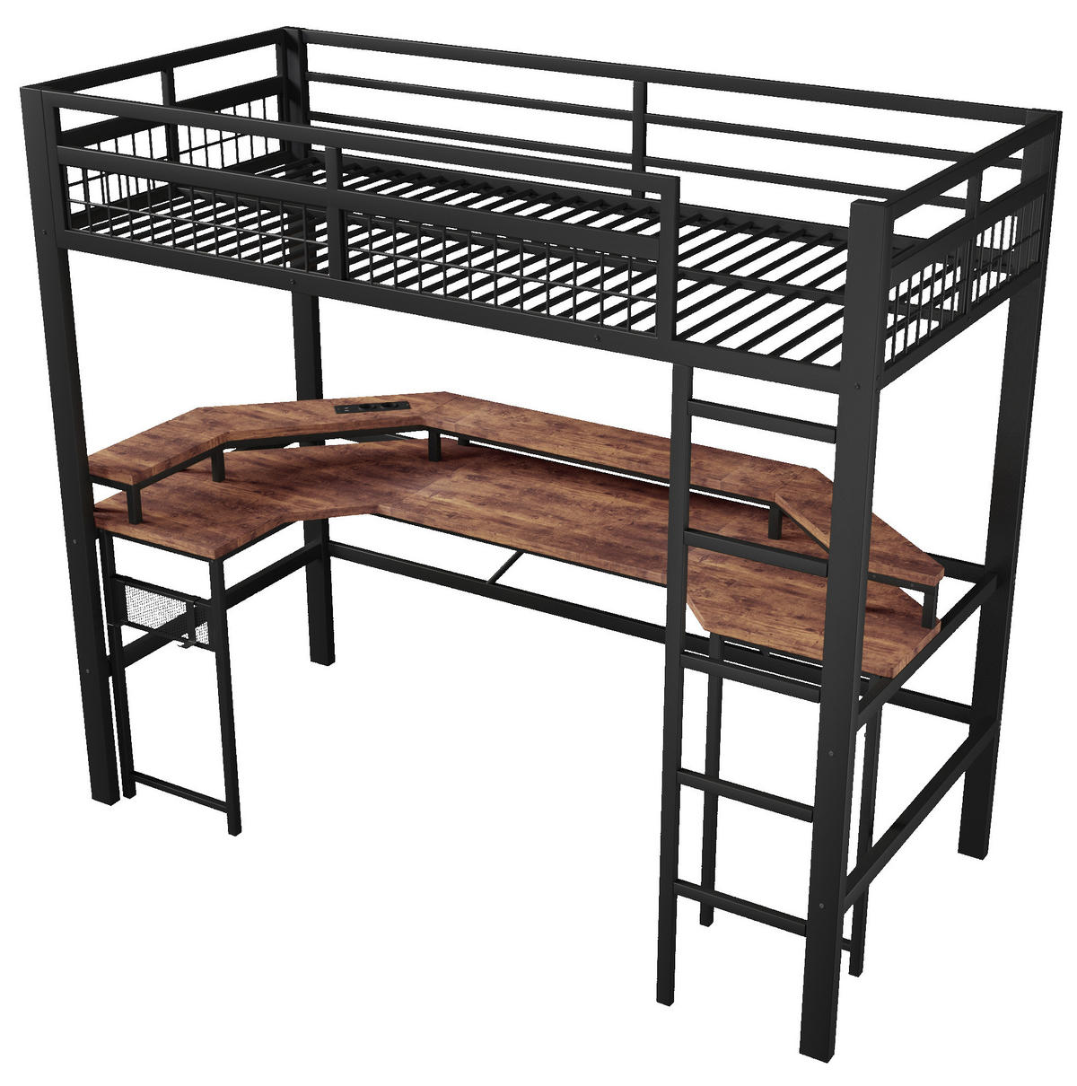 HOCHBETT mit Schreibtisch 90/200 cm in Schwarz – mit LED-Lichtleiste und Ladeanschlüssen - Schwarz, Metall (90/200cm) - BEAOK