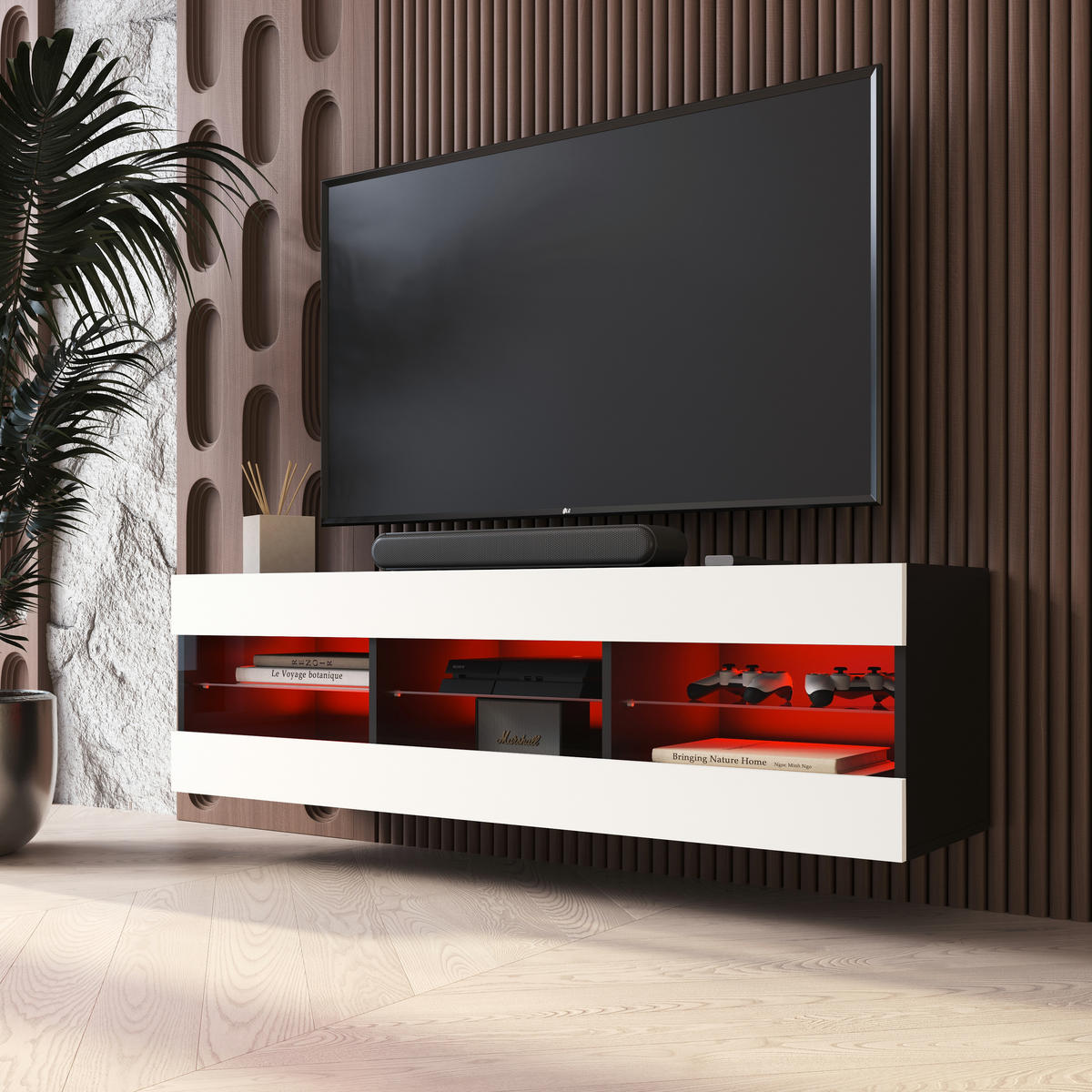 LOWBOARD TIVOLI RTV 140, Weiss, LED Mehrfarbige - Schwarz/Weiß, Glas/Holzwerkstoff (140/40.5/35.5cm) - Komodee