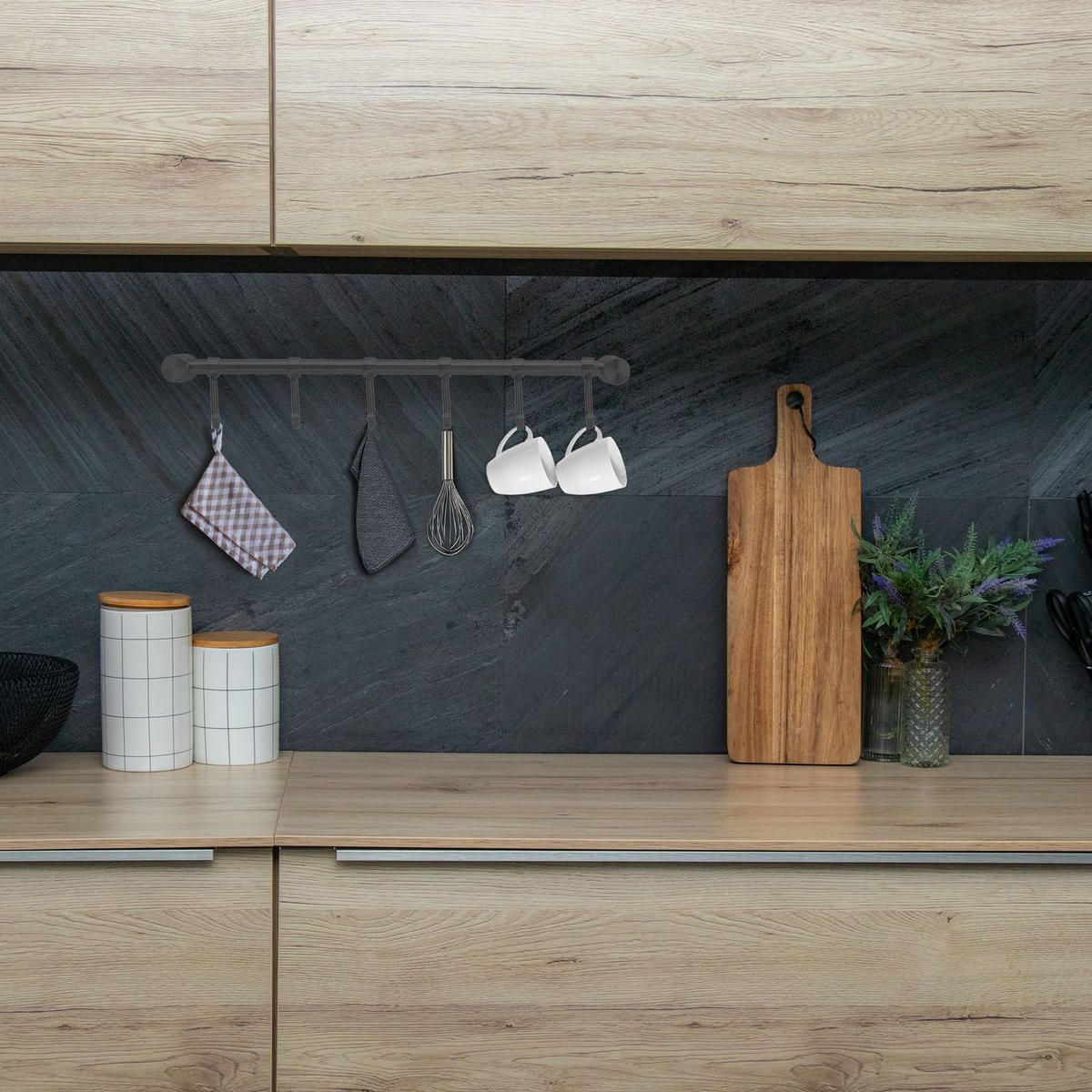 KÜCHEN HAKENLEISTE mit 7 Haken - Schwarz, Metall (3.4/2.2/35.8cm) - Intirilife