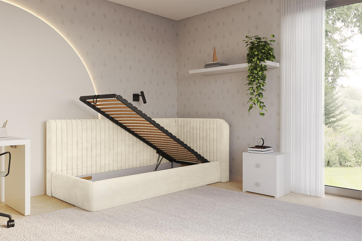 EINZELLBETT Jugendbett mit Bettkasten, Links - AURY 100x200 Beige - Beige, Holzwerkstoff/Textil (100/200cm) - ALTDECOR