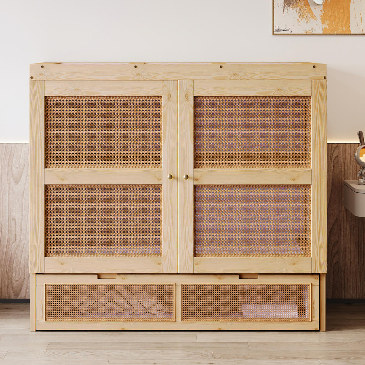 KLAPPBETT 140/200 cm in Holzfarbe mit Rattan-Design und Schubladen - Naturfarben, Holzwerkstoff (140/200cm) - Flora Grace