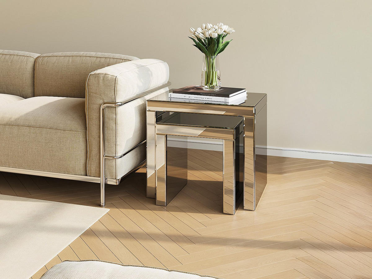 BEISTELLTISCHE aus MDF und Spiegel 2er-Set - YERVINI - Silberfarben, Glas (30/30/50cm) - Vente-Unique
