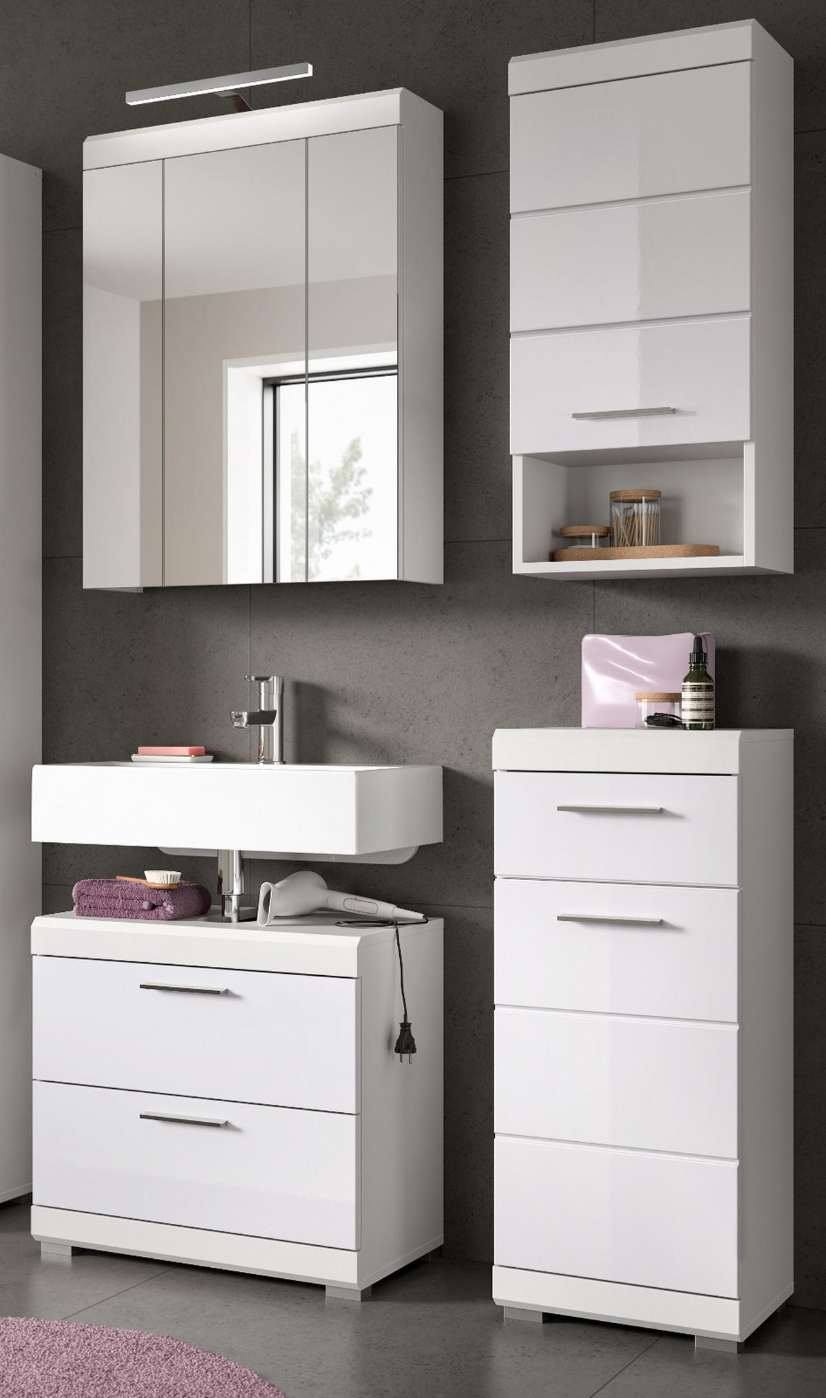 BADMÖBEL-SET weiß Hochglanz 4-teilig 112 cm, Komplettset mit viel Stauraum - Weiß Hochglanz, Glas/Holzwerkstoff (112/191/37cm) - Inn.Furn