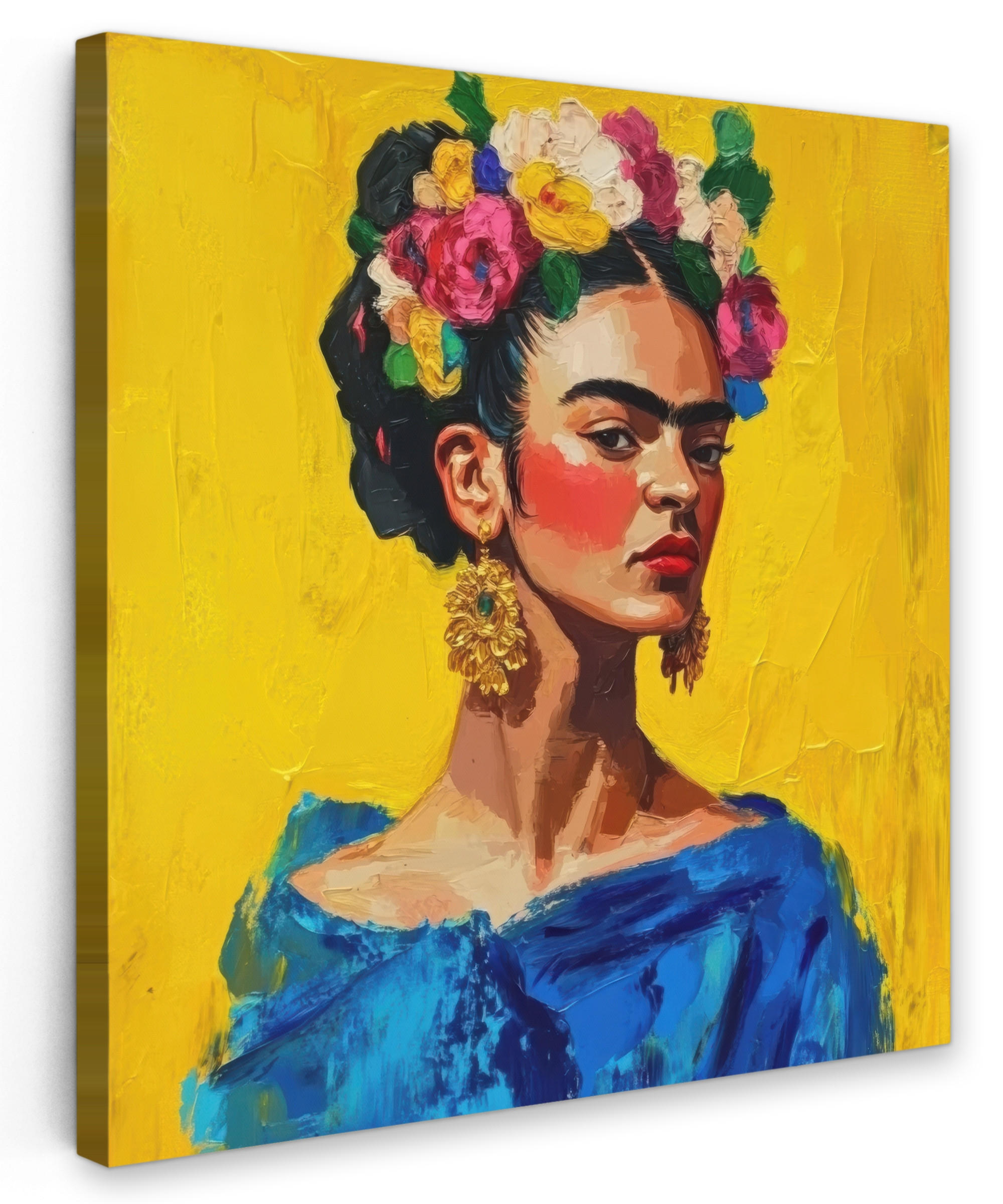 LEINWANDBILD Frida Kahlo - Frau - Gelb - Blau - Blumen 90x90 cm - Gelb, Textil (90/90cm) - MuchoWow