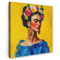 LEINWANDBILD Frida Kahlo - Frau - Gelb - Blau - Blumen 90x90 cm - Gelb, Textil (90/90cm) - MuchoWow