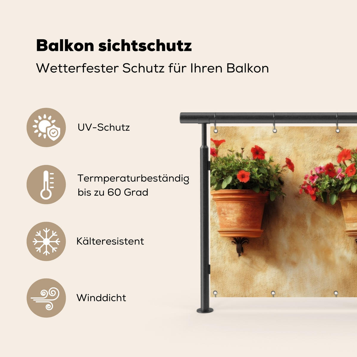 BALKON-SICHTSCHUTZ Blumentöpfe - Wand - Vintage - Terra cotta, Kunststoff (300/75cm) - MuchoWow