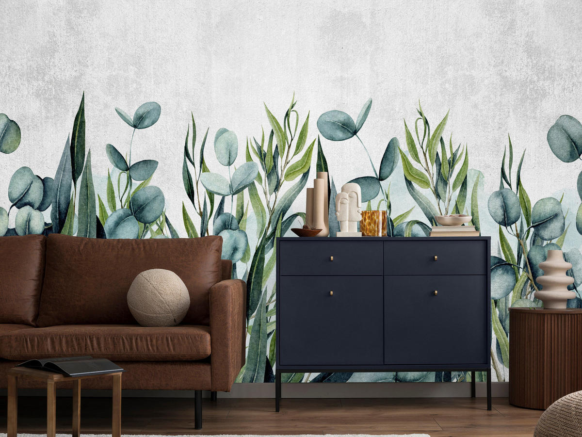 FOTOTAPETE für Wohnzimmer Blätter Beton Aquarell 400x280 - Grau/Grün, Papier (400/280cm) - Muralo