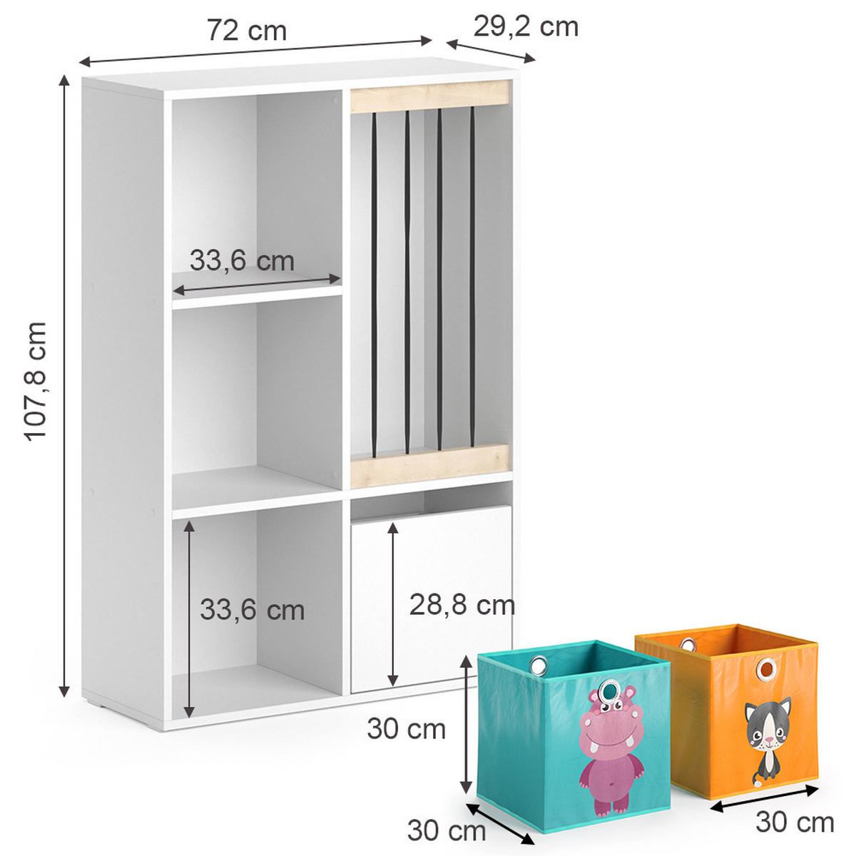 KINDERREGAL Luigi Weiß 72 x 107.8 cm mit 2 Faltboxen opt.1 - Weiß, Holzwerkstoff (29.2/107.8/72cm) - Vicco