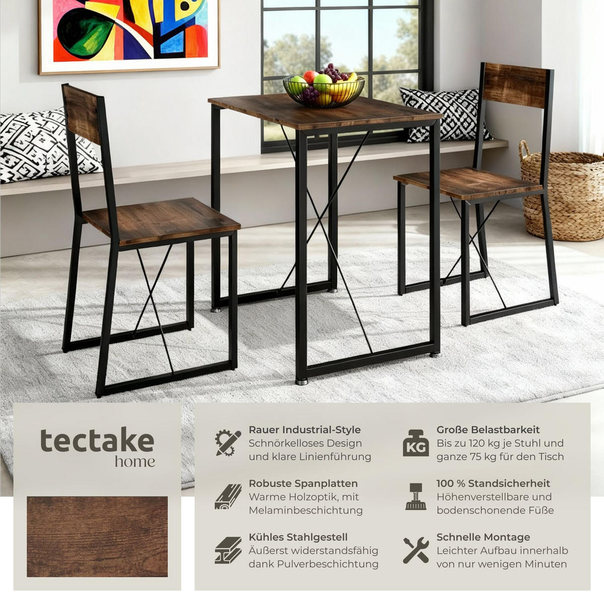 SITZGRUPPE Margate, mit höhenverstellbaren Kunststofffüßen, Industrial Holz dunkel, rustikal - Rostfarben, Holzwerkstoff (80/90/138cm) - tectake