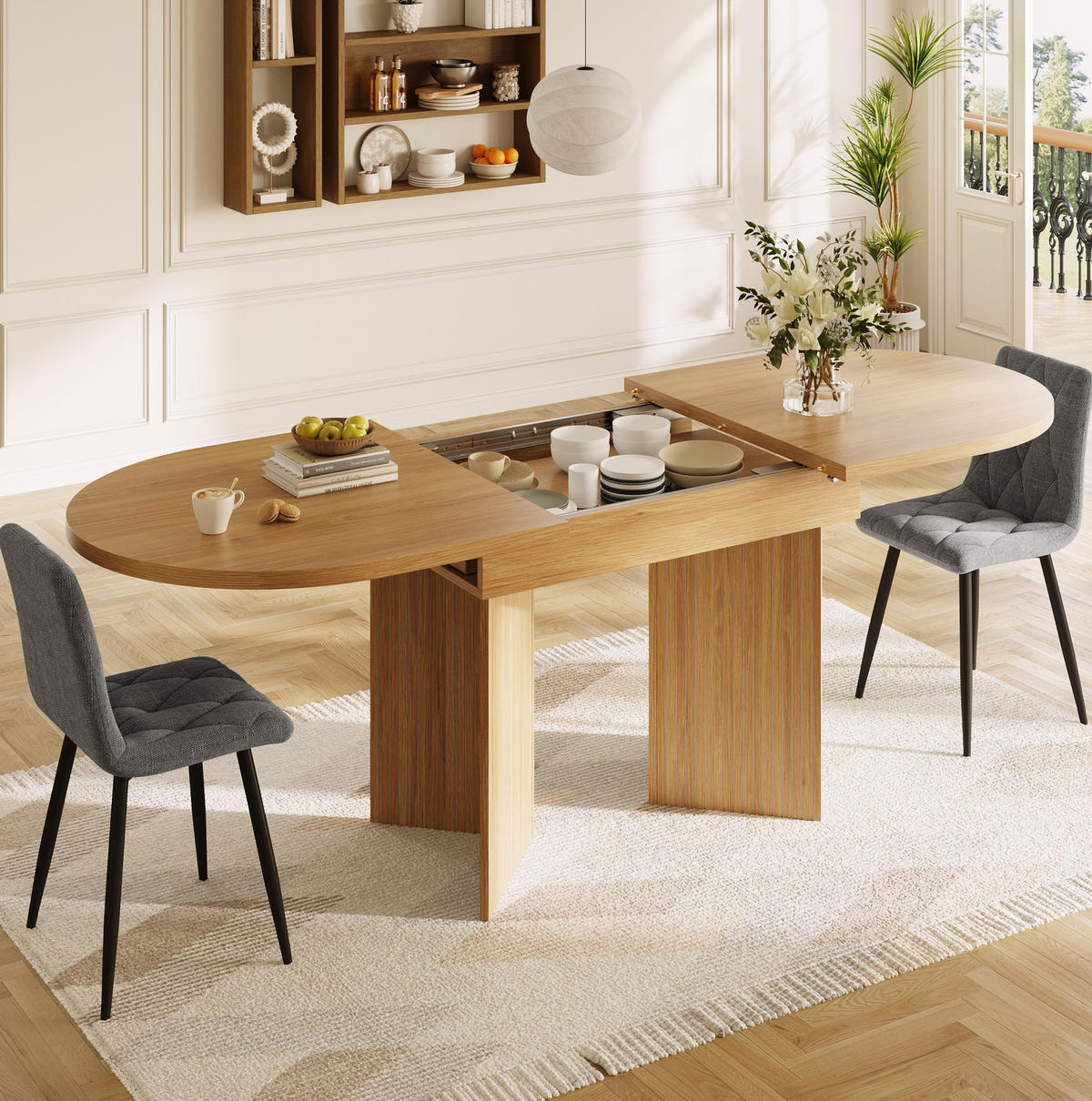 ESSTISCH aus MDF 120-160x80x75 cm Naturholzfarben mit Ausziehfunktion und gerillten Panel-Beinen - Hellbraun, Holzwerkstoff (120/80/75cm) - Modfu