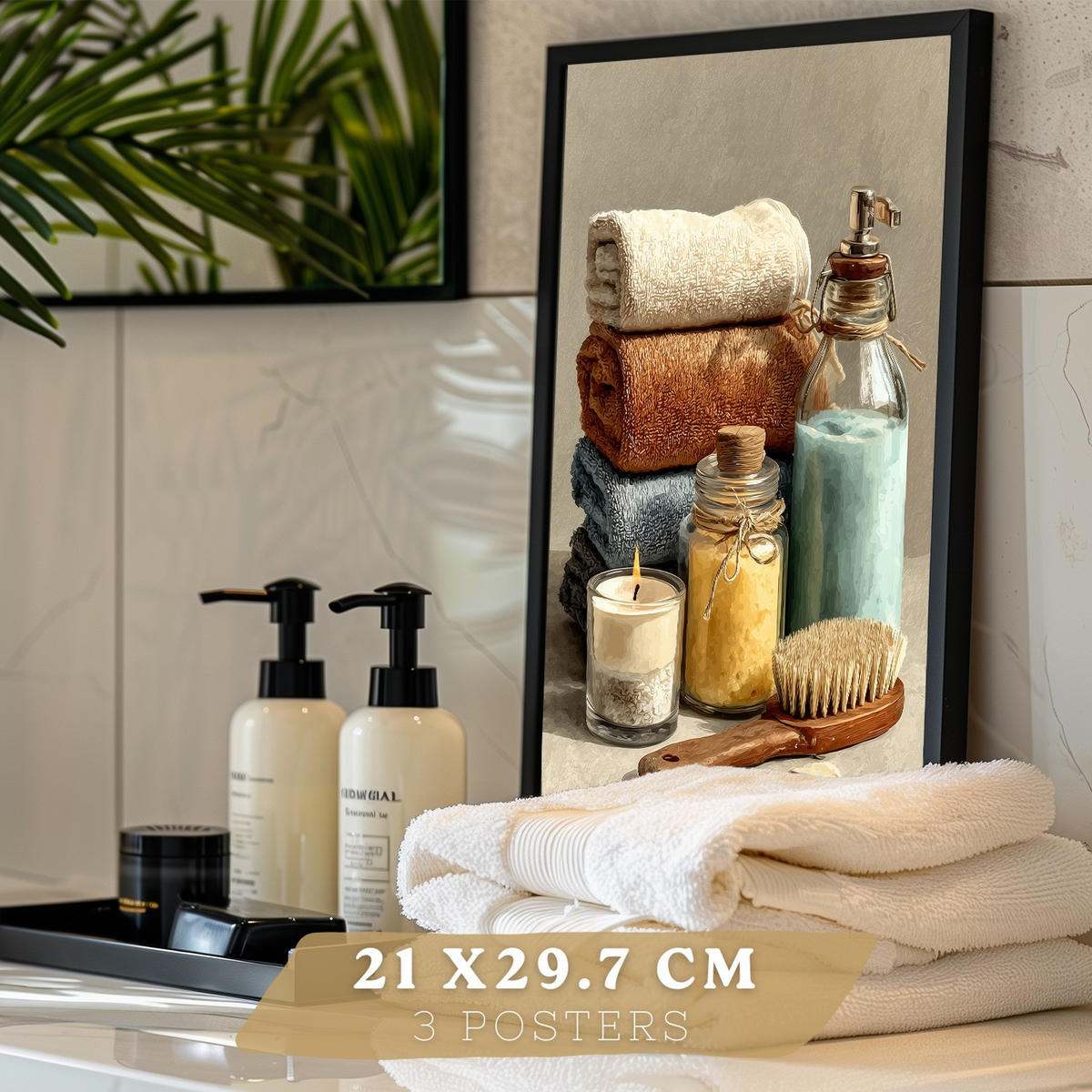 POSTER 3er-Set dekorative Badezimmerdrucke, gemütlicher Spa-Stil, Bilder mit Kerzen, Blumen und Handtüchern, entspannende, Schwarzer Rahmen A4 - Schwarz, Papier (29.7/21/3cm) - Nacnic