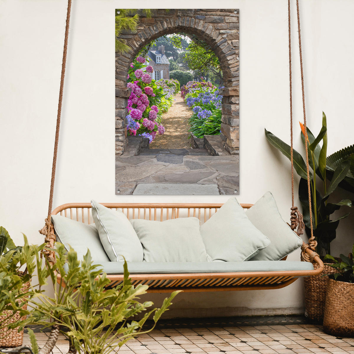 ZAHRADNÍ PLAKÁT Květiny - pohled - hortenzie - léto 80x120 cm - hnědá, plast (80/120/0.2cm) - OnlyWow