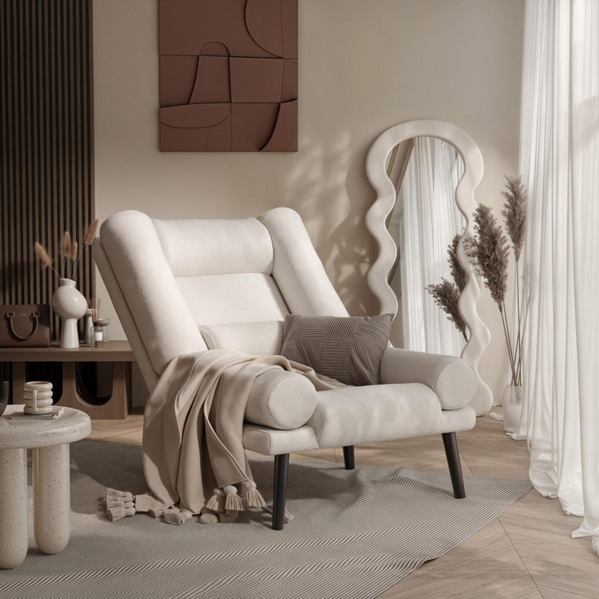 RELAXSESSEL LILA mit hocker, 75/75/100 cm, Creme - Creme, Holz/Textil (75/100/75cm) - Idohome